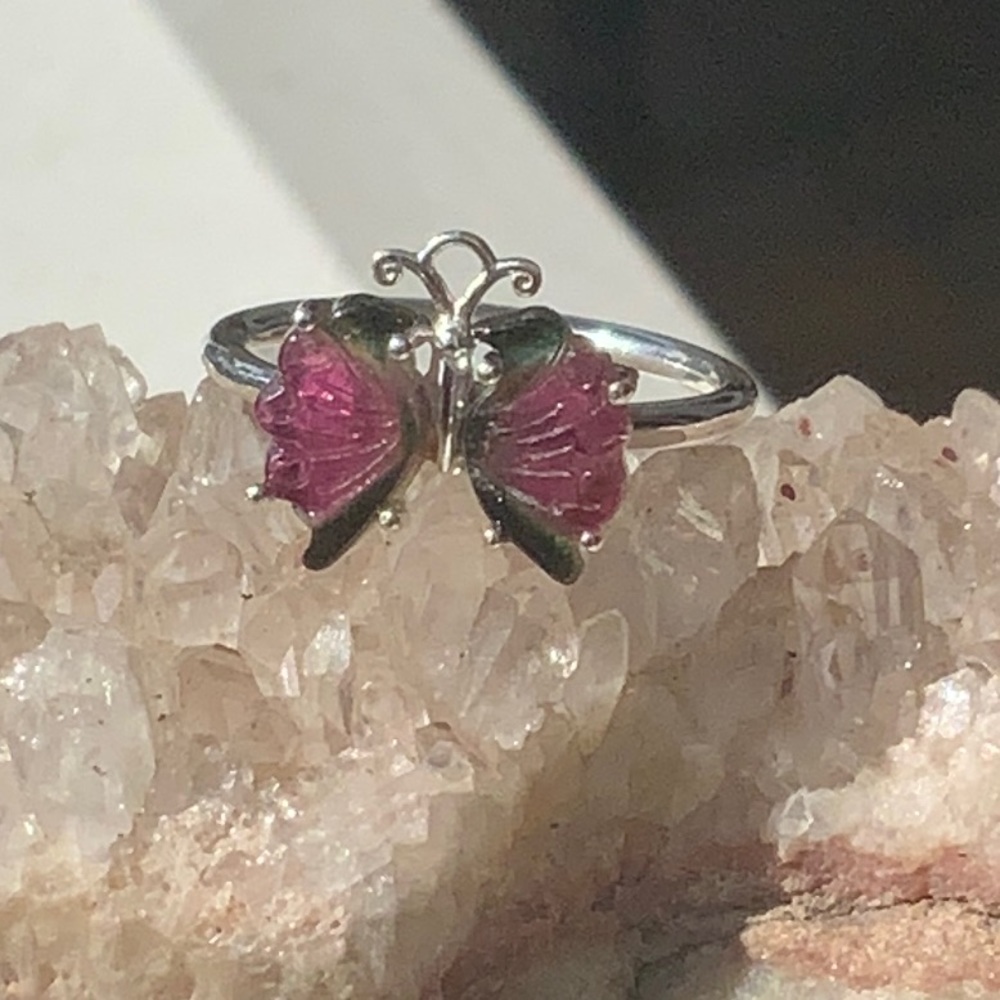 HAND CARVED WATERMELON TOURMALINE BUTTERFLY 925 STERLING SILVER RING, SIZE 7